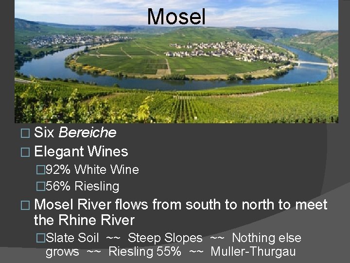 Mosel � Six Bereiche � Elegant Wines � 92% White Wine � 56% Riesling