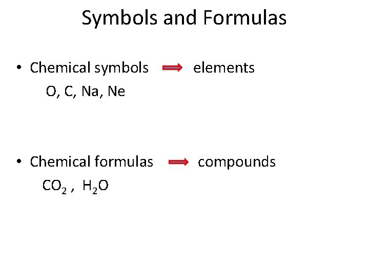 Symbols and Formulas • Chemical symbols O, C, Na, Ne elements • Chemical formulas