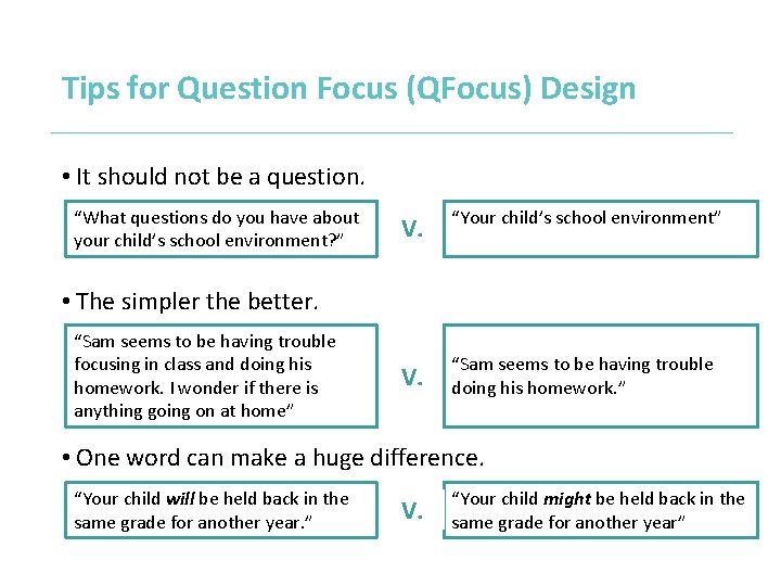 Tips for Question Focus (QFocus) Design • It should not be a question. “What