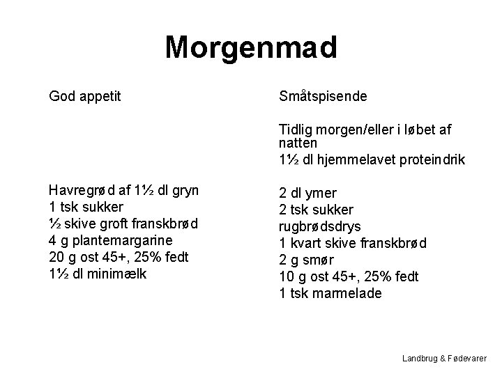 Morgenmad God appetit Småtspisende Tidlig morgen/eller i løbet af natten 1½ dl hjemmelavet proteindrik