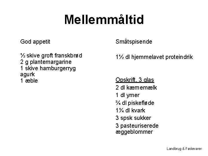 Mellemmåltid God appetit Småtspisende ½ skive groft franskbrød 2 g plantemargarine 1 skive hamburgerryg