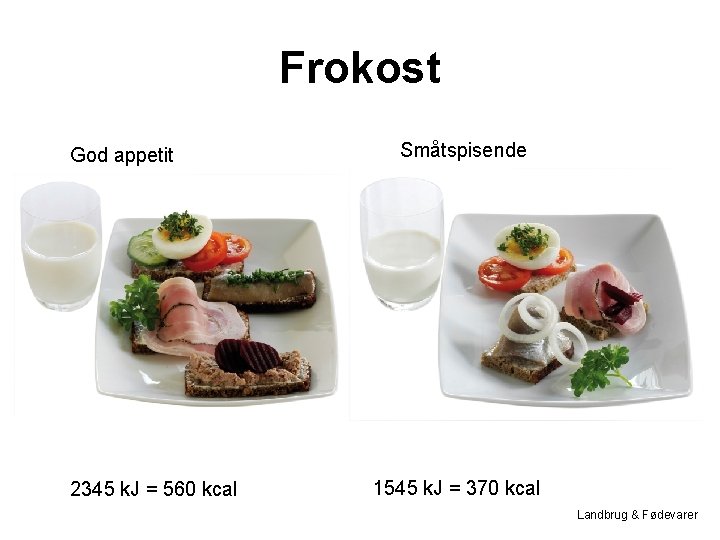 Frokost God appetit 2345 k. J = 560 kcal Småtspisende 1545 k. J =