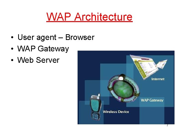 WAP Architecture • User agent – Browser • WAP Gateway • Web Server 7