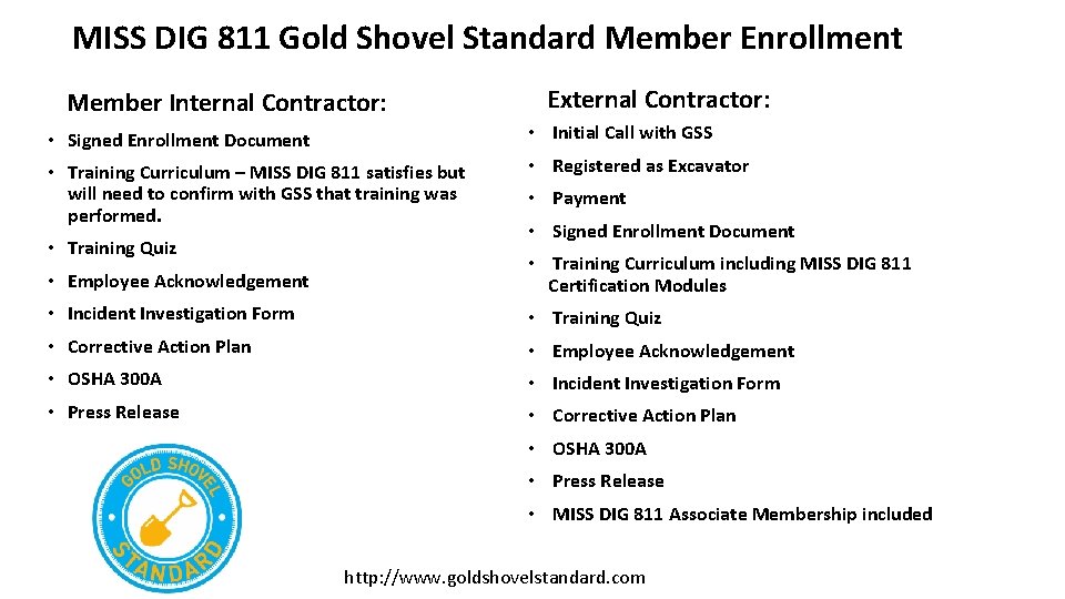 MISS DIG 811 Gold Shovel Standard Member Enrollment Member Internal Contractor: External Contractor: •