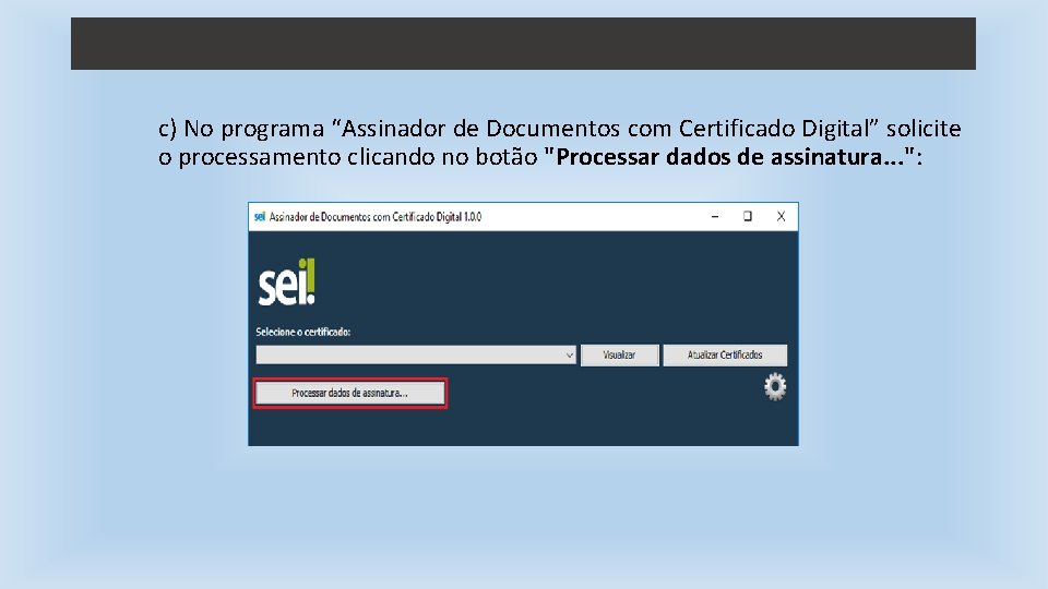 c) No programa “Assinador de Documentos com Certificado Digital” solicite o processamento clicando no