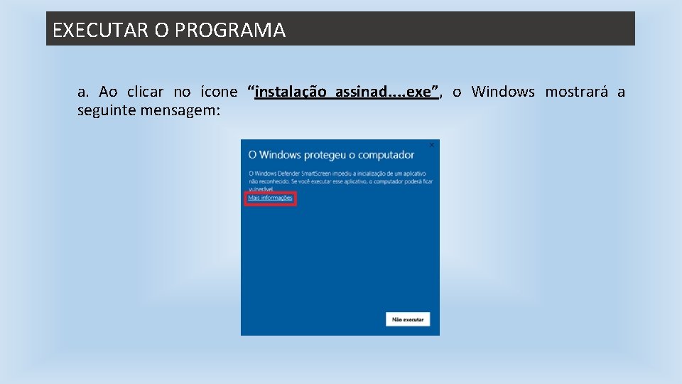 EXECUTAR O PROGRAMA a. Ao clicar no ícone “instalação_assinad. . exe”, o Windows mostrará