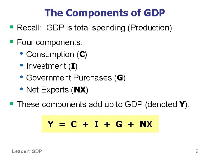 The Components of GDP § Recall: GDP is total spending (Production). § Four components: