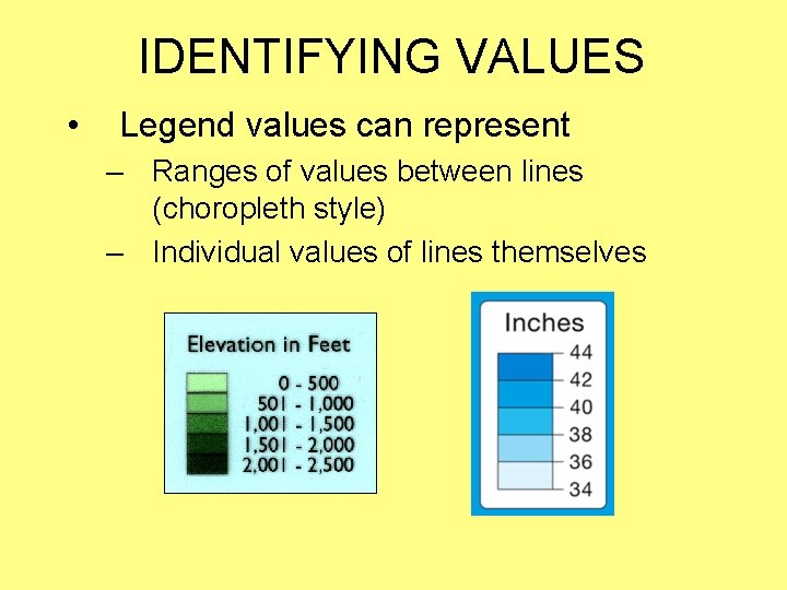 IDENTIFYING VALUES • Legend values can represent – Ranges of values between lines (choropleth