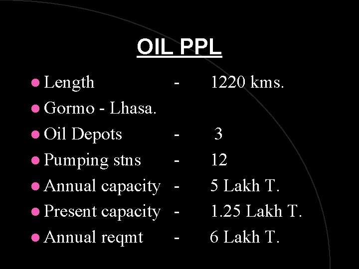 OIL PPL l Length - Lhasa. l Oil Depots l Pumping stns l Annual