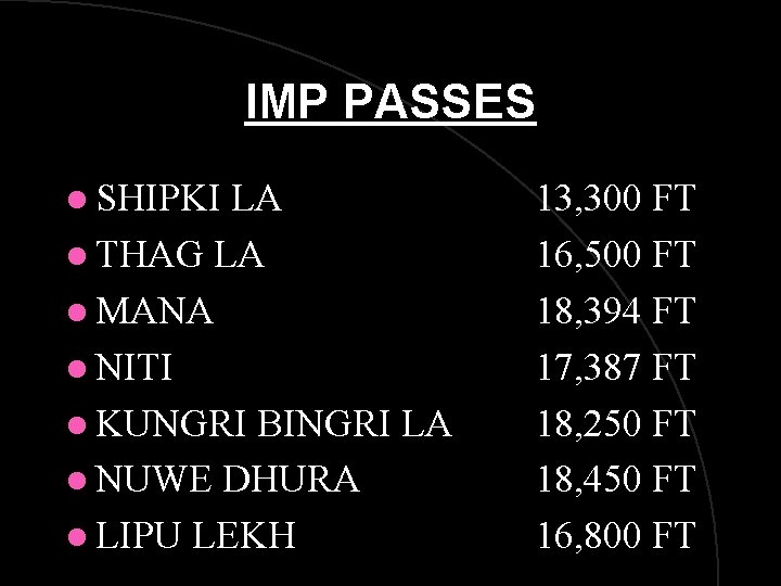 IMP PASSES l SHIPKI LA l THAG LA l MANA l NITI l KUNGRI