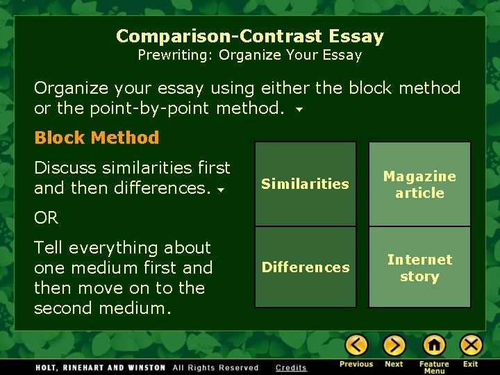 Comparison-Contrast Essay Prewriting: Organize Your Essay Organize your essay using either the block method