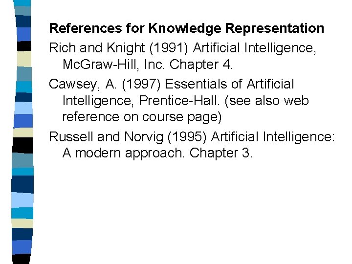 References for Knowledge Representation Rich and Knight (1991) Artificial Intelligence, Mc. Graw-Hill, Inc. Chapter