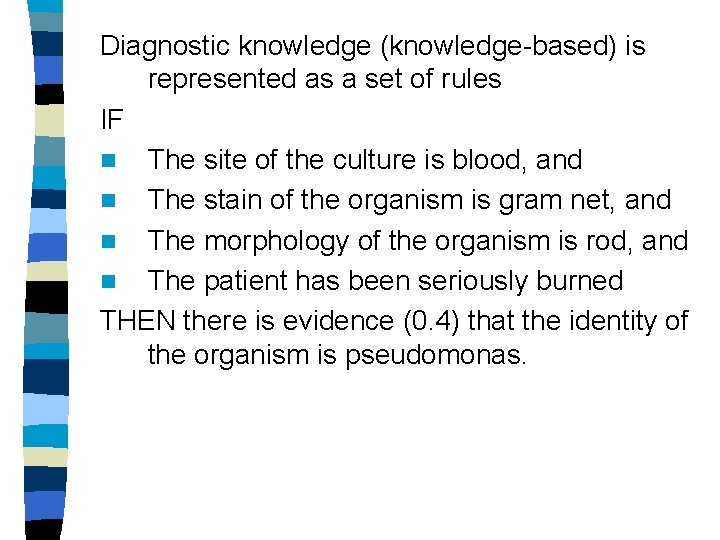 Diagnostic knowledge (knowledge-based) is represented as a set of rules IF n The site
