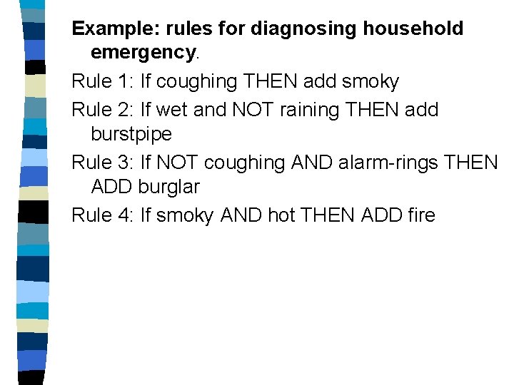 Example: rules for diagnosing household emergency. Rule 1: If coughing THEN add smoky Rule