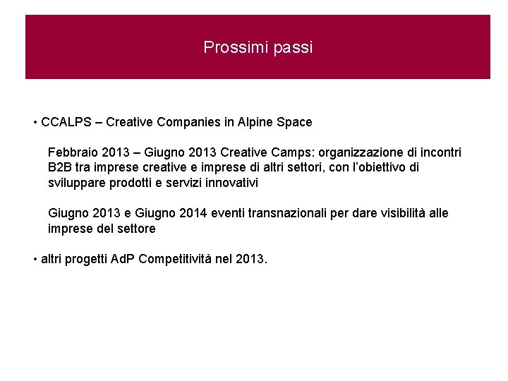 Prossimi passi • CCALPS – Creative Companies in Alpine Space Febbraio 2013 – Giugno
