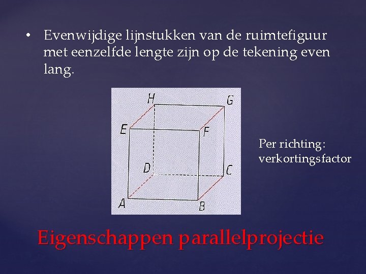  • Evenwijdige lijnstukken van de ruimtefiguur met eenzelfde lengte zijn op de tekening