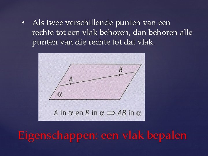  • Als twee verschillende punten van een rechte tot een vlak behoren, dan