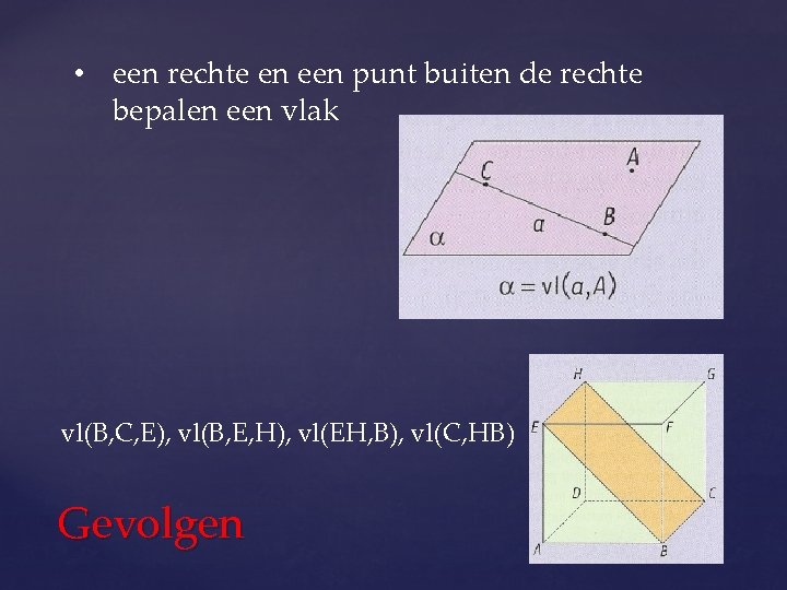  • een rechte en een punt buiten de rechte bepalen een vlak vl(B,