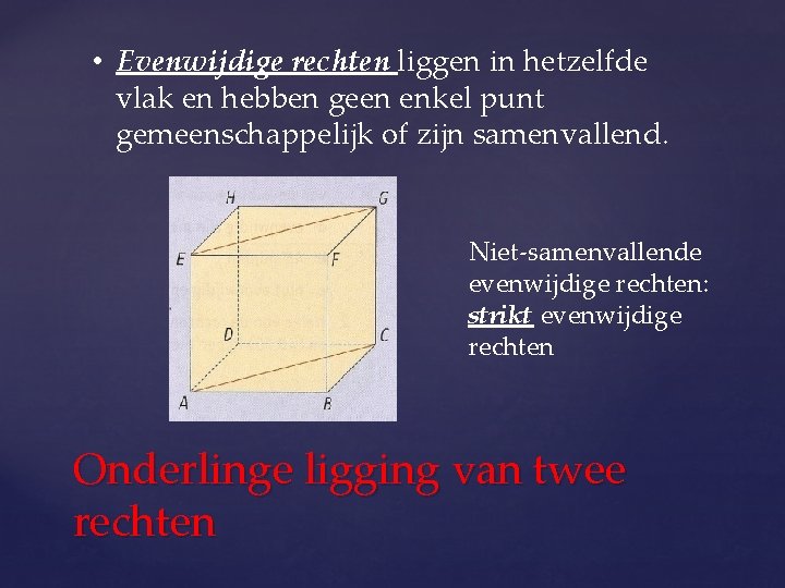  • Evenwijdige rechten liggen in hetzelfde vlak en hebben geen enkel punt gemeenschappelijk