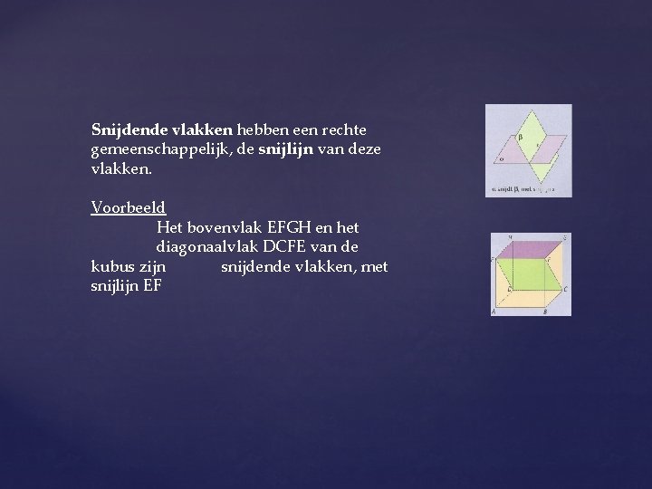 Snijdende vlakken hebben een rechte gemeenschappelijk, de snijlijn van deze vlakken. Voorbeeld Het bovenvlak