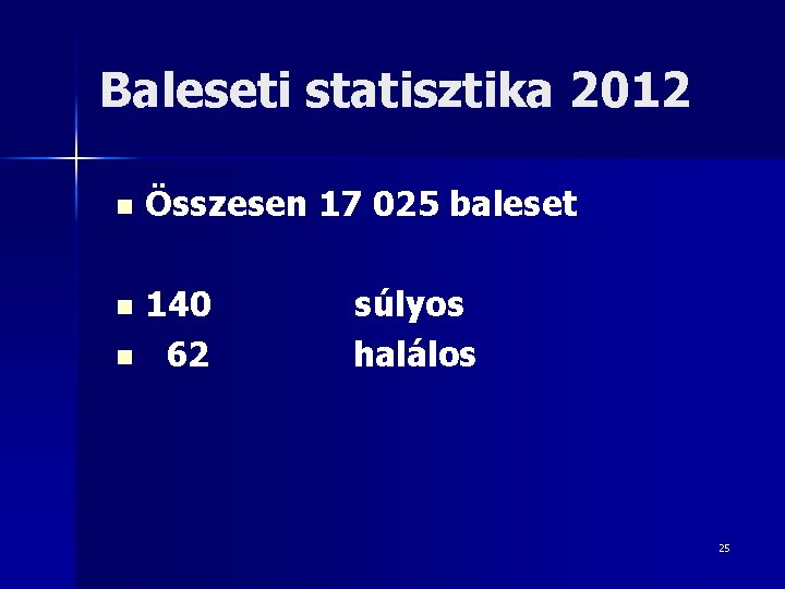 Baleseti statisztika 2012 n Összesen 17 025 baleset n 140 62 n súlyos halálos