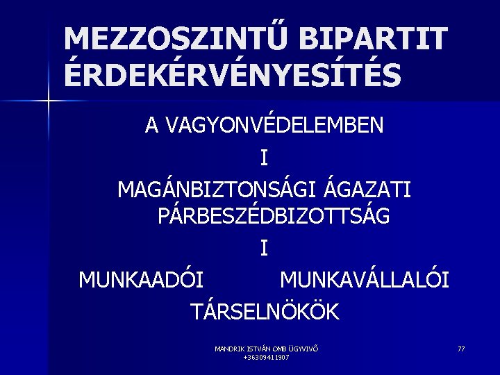 MEZZOSZINTŰ BIPARTIT ÉRDEKÉRVÉNYESÍTÉS A VAGYONVÉDELEMBEN I MAGÁNBIZTONSÁGI ÁGAZATI PÁRBESZÉDBIZOTTSÁG I MUNKAADÓI MUNKAVÁLLALÓI TÁRSELNÖKÖK MANDRIK