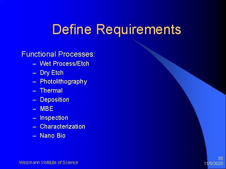 Define Requirements Functional Processes: – – – – – Wet Process/Etch Dry Etch Photolithography