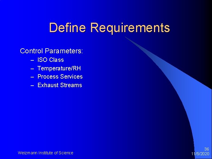 Define Requirements Control Parameters: – – ISO Class Temperature/RH Process Services Exhaust Streams Weizmann