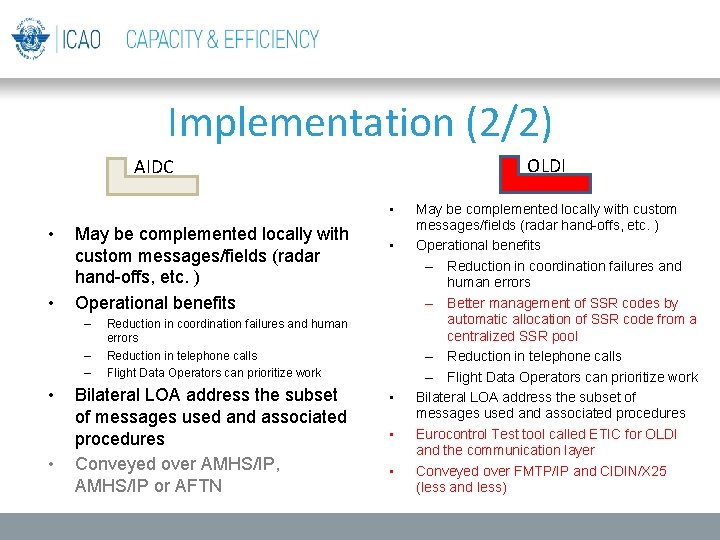 Implementation (2/2) OLDI AIDC • • • May be complemented locally with custom messages/fields Implementation (2/2) OLDI AIDC • • • May be complemented locally with custom messages/fields