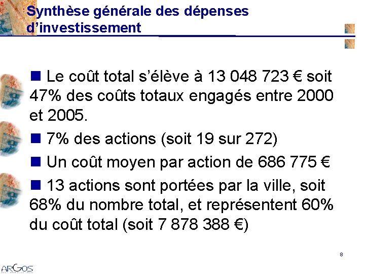 Synthèse générale des dépenses d’investissement n Le coût total s’élève à 13 048 723 Synthèse générale des dépenses d’investissement n Le coût total s’élève à 13 048 723