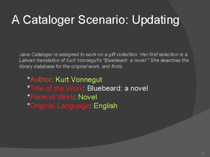 A Cataloger Scenario: Updating Jane Cataloger is assigned to work on a gift collection.