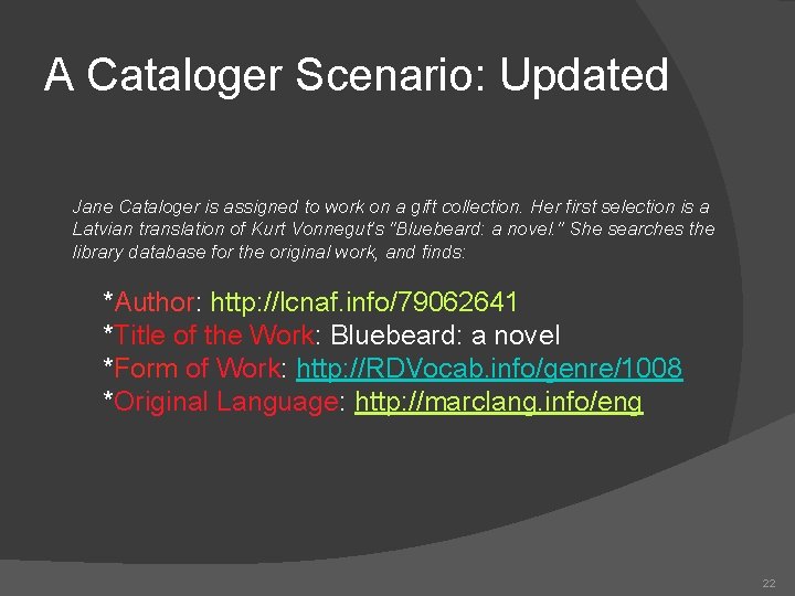 A Cataloger Scenario: Updated Jane Cataloger is assigned to work on a gift collection.