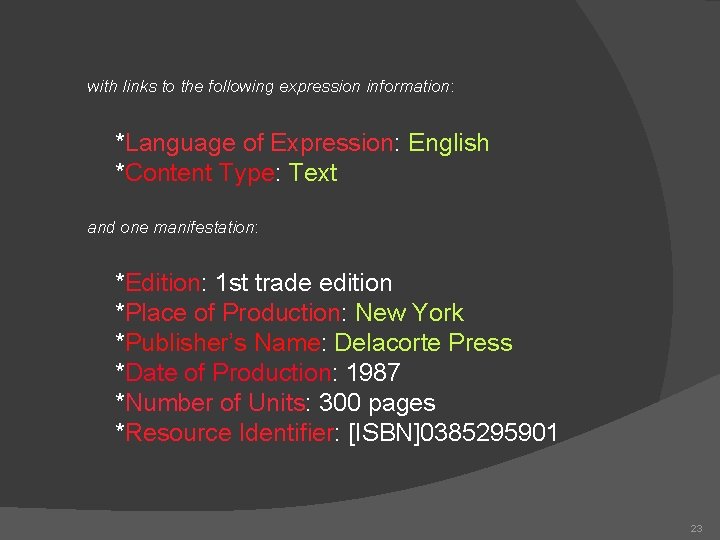 with links to the following expression information: *Language of Expression: English *Content Type: Text