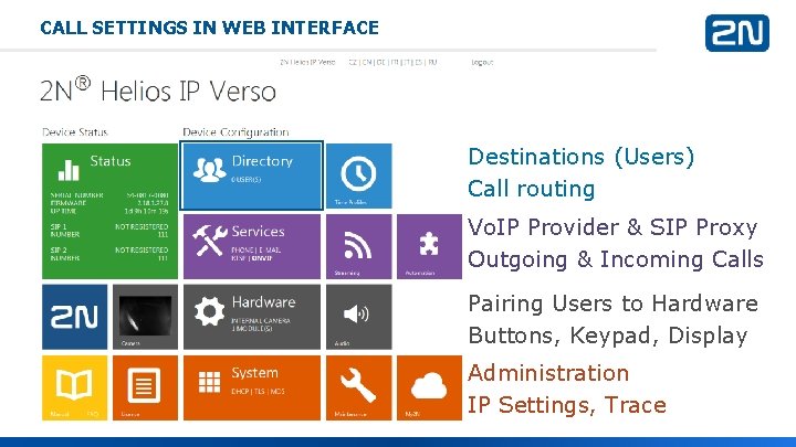 CALL SETTINGS IN WEB INTERFACE Destinations (Users) Call routing Vo. IP Provider & SIP CALL SETTINGS IN WEB INTERFACE Destinations (Users) Call routing Vo. IP Provider & SIP