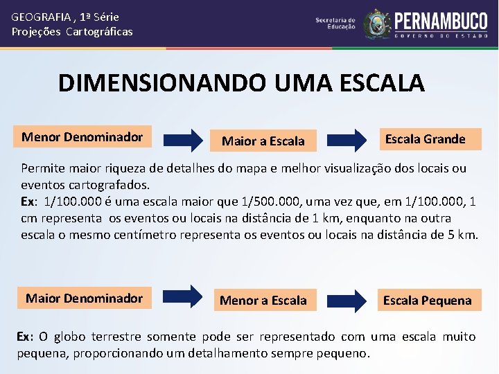 GEOGRAFIA , 1ª Série Projeções Cartográficas DIMENSIONANDO UMA ESCALA Menor Denominador Maior a Escala