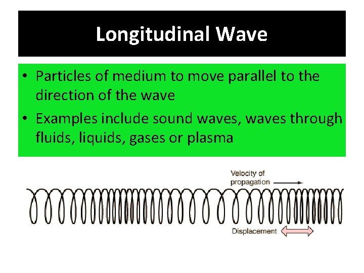 Longitudinal Wave • Particles of medium to move parallel to the direction of the
