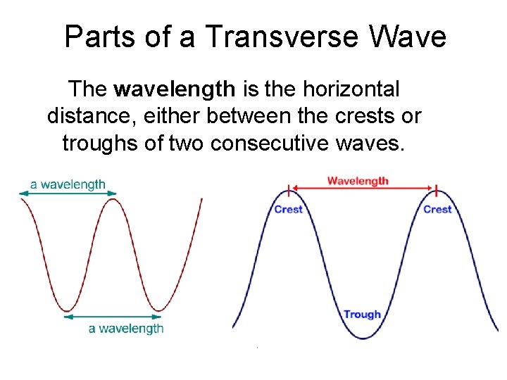 Parts of a Transverse Wave The wavelength is the horizontal distance, either between the