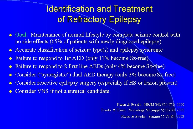 Identification and Treatment of Refractory Epilepsy l l l l Goal: Maintenance of normal