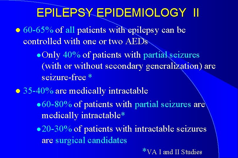 EPILEPSY EPIDEMIOLOGY II 60 -65% of all patients with epilepsy can be controlled with