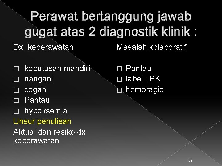 Perawat bertanggung jawab gugat atas 2 diagnostik klinik : Dx. keperawatan Masalah kolaboratif keputusan