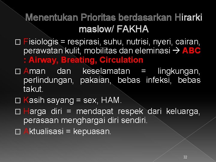 Menentukan Prioritas berdasarkan Hirarki maslow/ FAKHA Fisiologis = respirasi, suhu, nutrisi, nyeri, cairan, perawatan