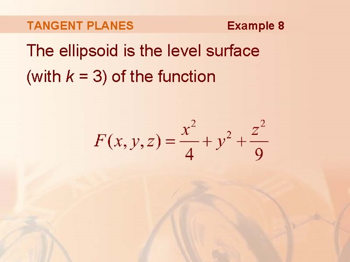 TANGENT PLANES Example 8 The ellipsoid is the level surface (with k = 3)