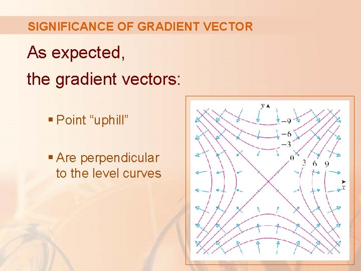 SIGNIFICANCE OF GRADIENT VECTOR As expected, the gradient vectors: § Point “uphill” § Are