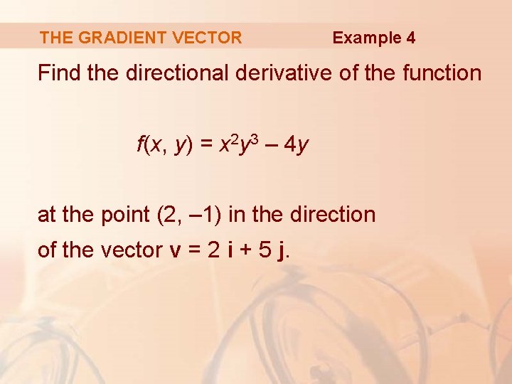 THE GRADIENT VECTOR Example 4 Find the directional derivative of the function f(x, y)