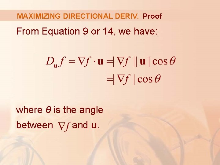 MAXIMIZING DIRECTIONAL DERIV. Proof From Equation 9 or 14, we have: where θ is