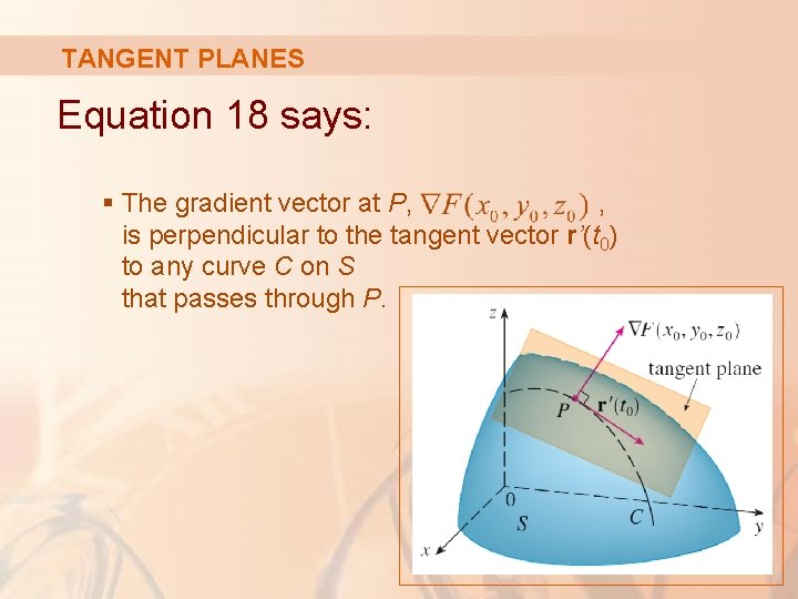 TANGENT PLANES Equation 18 says: § The gradient vector at P, , is perpendicular