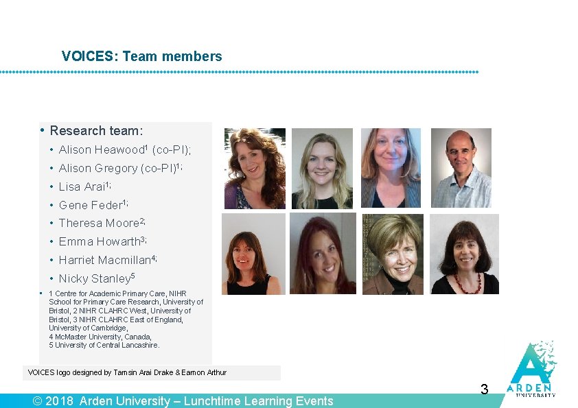 VOICES: Team members • Research team: • Alison Heawood 1 (co-PI); • Alison Gregory