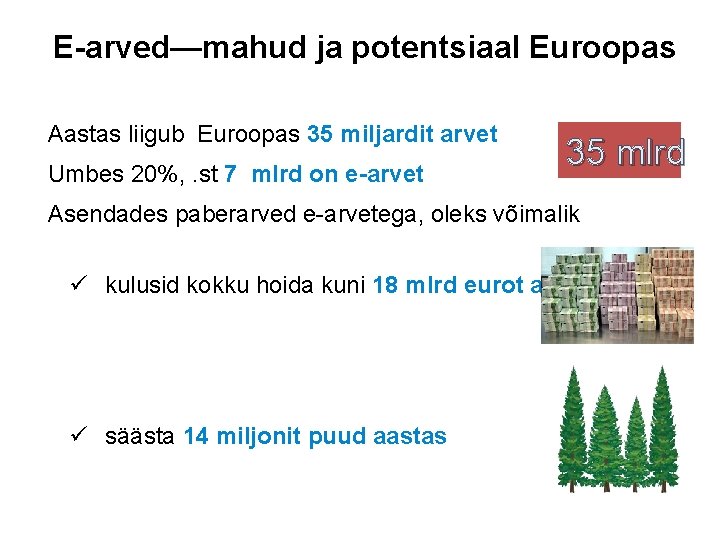 E-arved—mahud ja potentsiaal Euroopas Aastas liigub Euroopas 35 miljardit arvet Umbes 20%, . st E-arved—mahud ja potentsiaal Euroopas Aastas liigub Euroopas 35 miljardit arvet Umbes 20%, . st