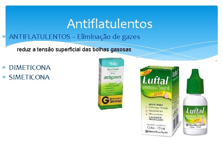 Antiflatulentos ANTIFLATULENTOS – Eliminação de gazes reduz a tensão superficial das bolhas gasosas DIMETICONA