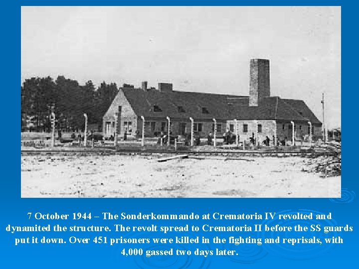 7 October 1944 – The Sonderkommando at Crematoria IV revolted and dynamited the structure.